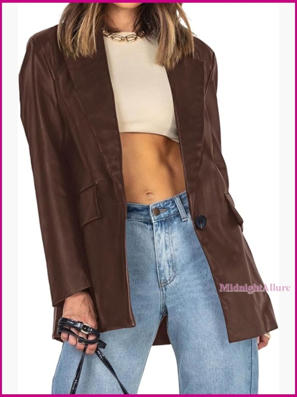 Oversized Faux Leather Blazer Shacket with Pockets Button Front